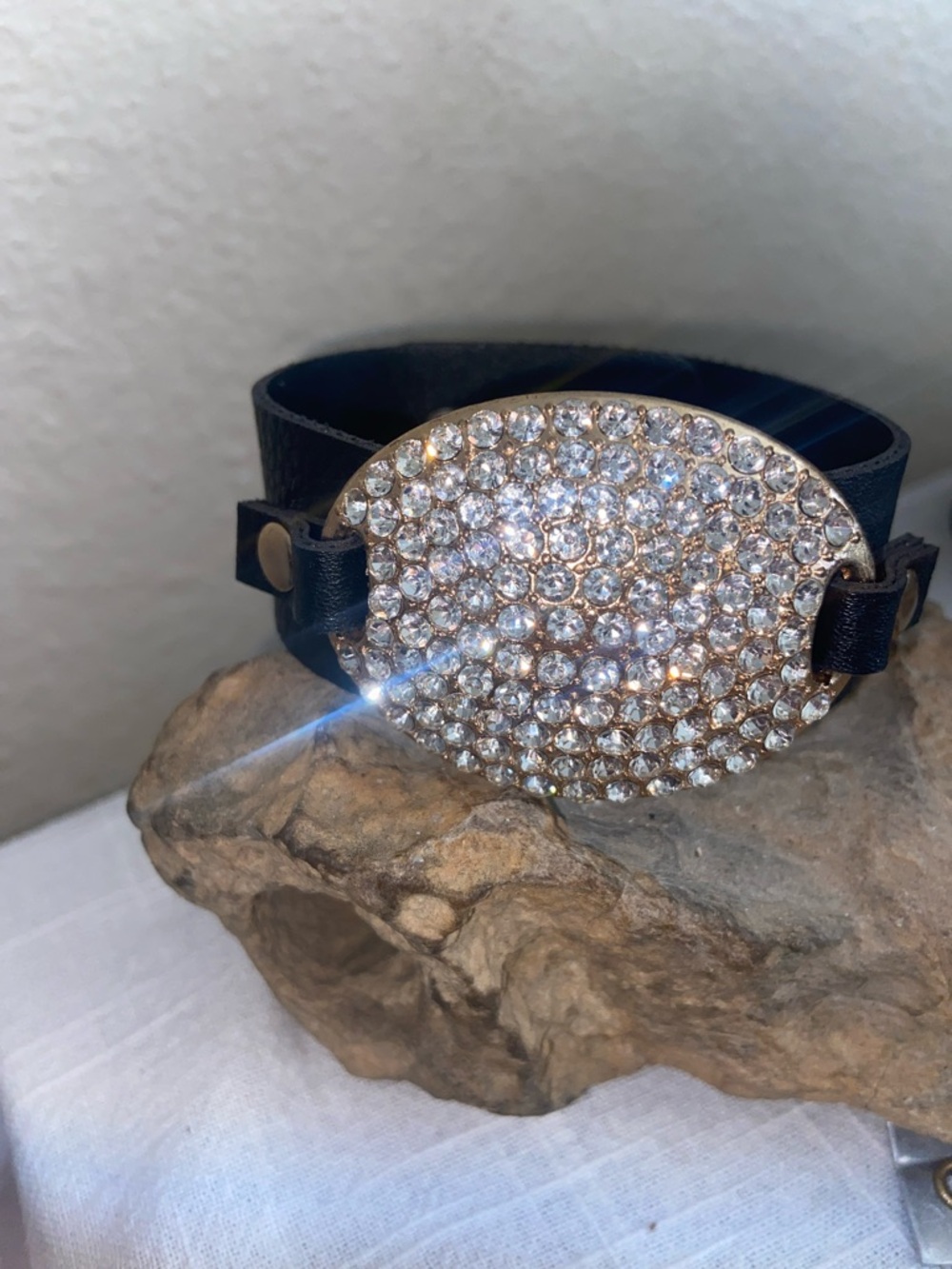 Crystal Pavé Oval Buckle Black Faux Leather Snap Bracelet